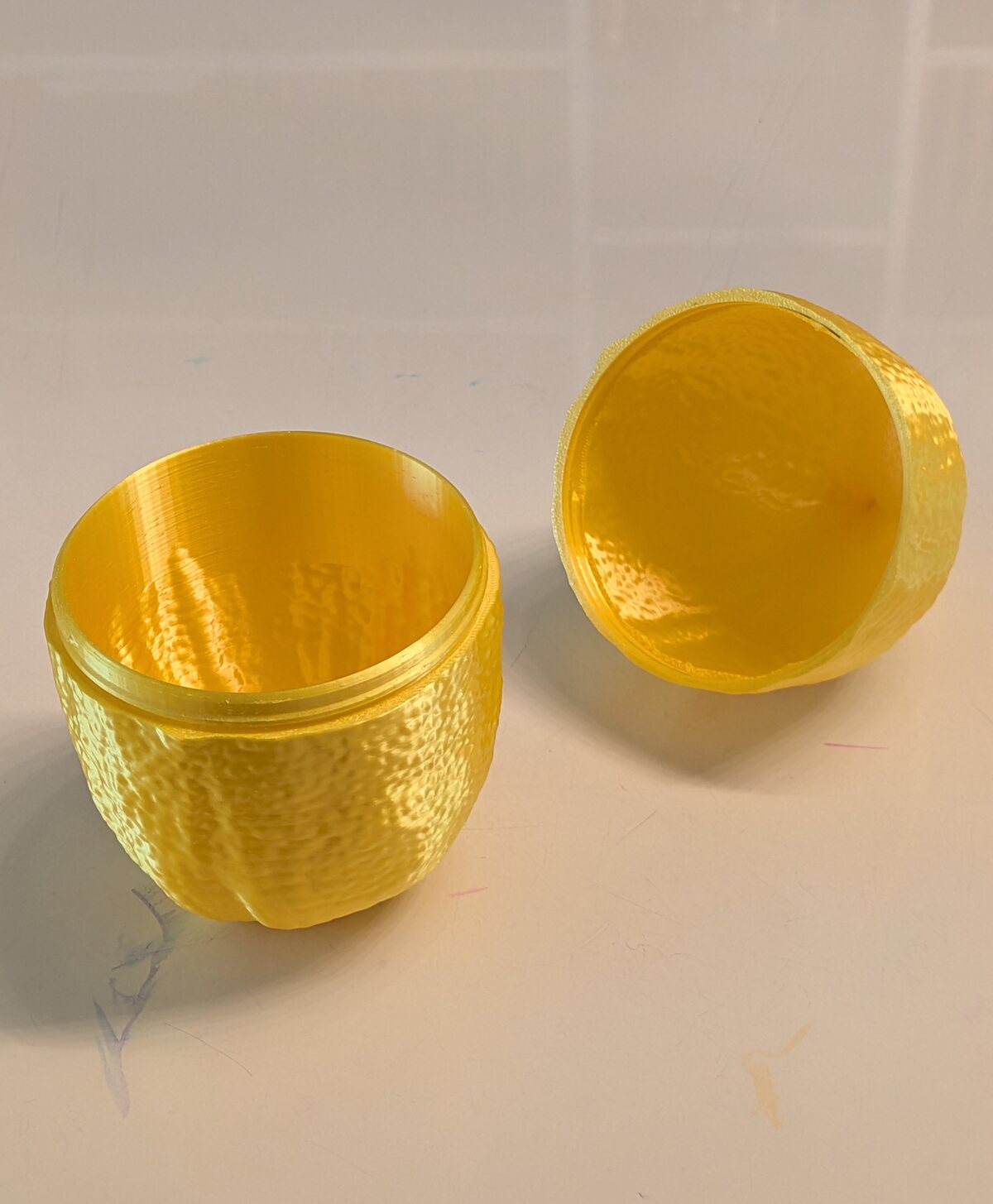 The etrog case open, both halves facing forward, interiors visible.